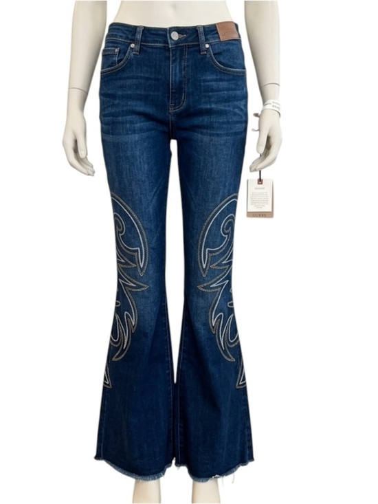 Shyanne Denim - Shyanne Dark Blue Flared Jeans with Embroidered Detail Size 32 Bell bottom